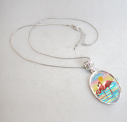 Flamingos Silver Plated Mother of Pearl Jewelry Pendant Necklace Coastal - 44046