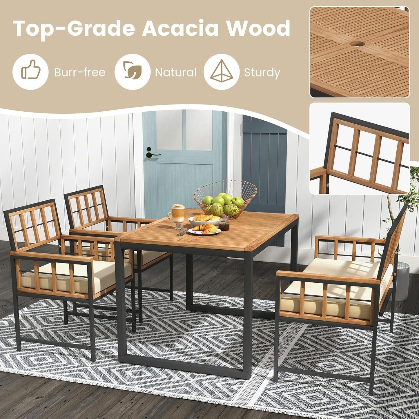 4 Piece Patio Dining Set, Outdoor Wood Dining Furniture W/ 2 Chairs & 1 Loveseat, 47” Acacia Wood Table W/Umbrella Hole, Cozy Seat Cushions, outside Furniture Set for Backyard, Poolside