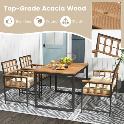 4 Piece Patio Dining Set, Outdoor Wood Dining Furniture W/ 2 Chairs & 1 Loveseat, 47” Acacia Wood Table W/Umbrella Hole, Cozy Seat Cushions, outside Furniture Set for Backyard, Poolside