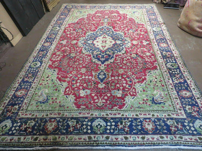 Persian Tabriz Rug 7x10, Red Blue and Green Rug, Allover Floral Medallion Rug, Hand Knotted Rug, Antique Rug 7 x 10 Vintage Wool Oriental Carpet