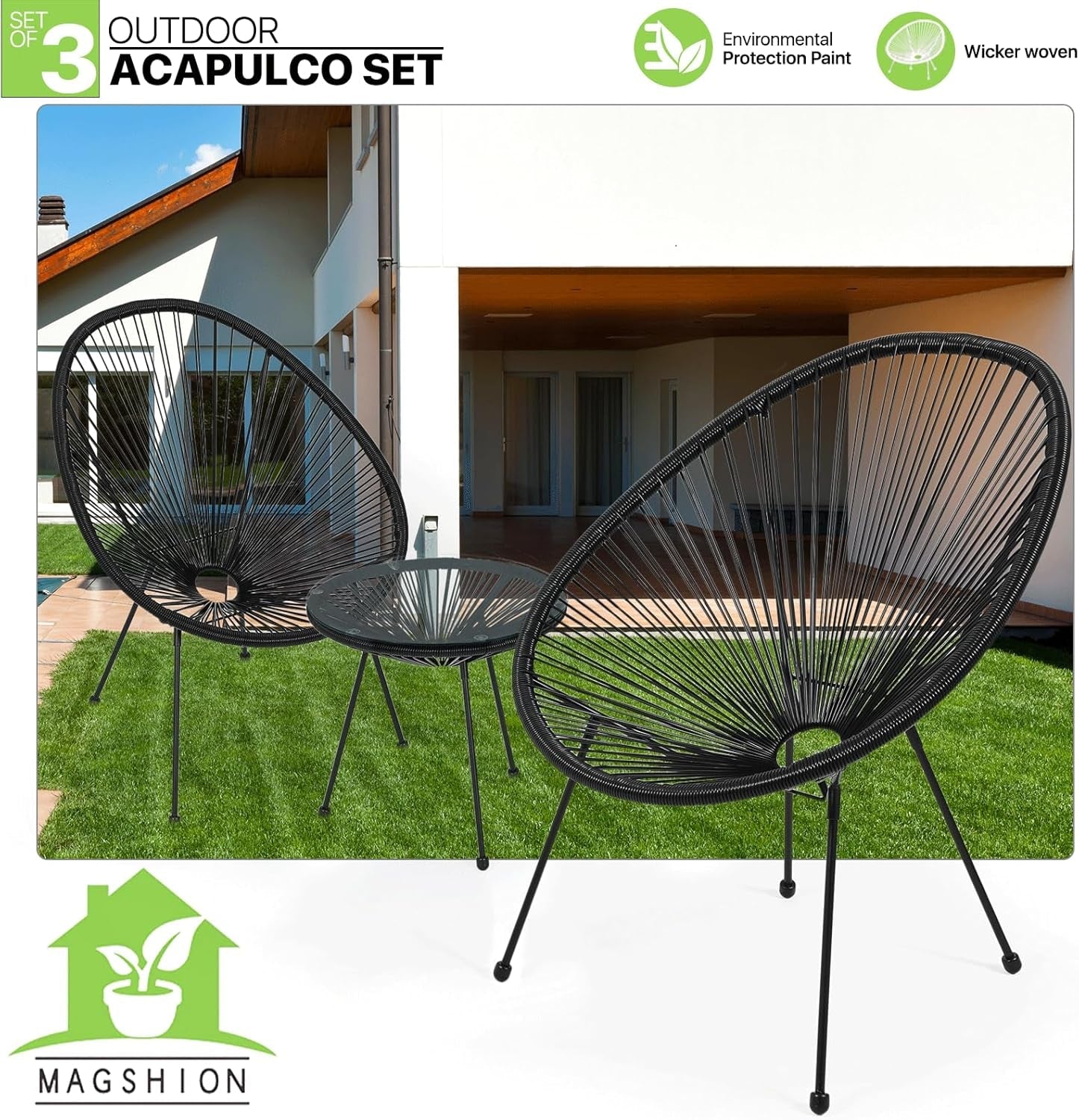 Outdoor Acapulco Chair Set 3-Piece with Glass Top Table, Lightweight All-Weather Woven PE Rope Patio Furniture, Modern Bistro Conversation Set for Patio, Garden, Poolside, Black-1