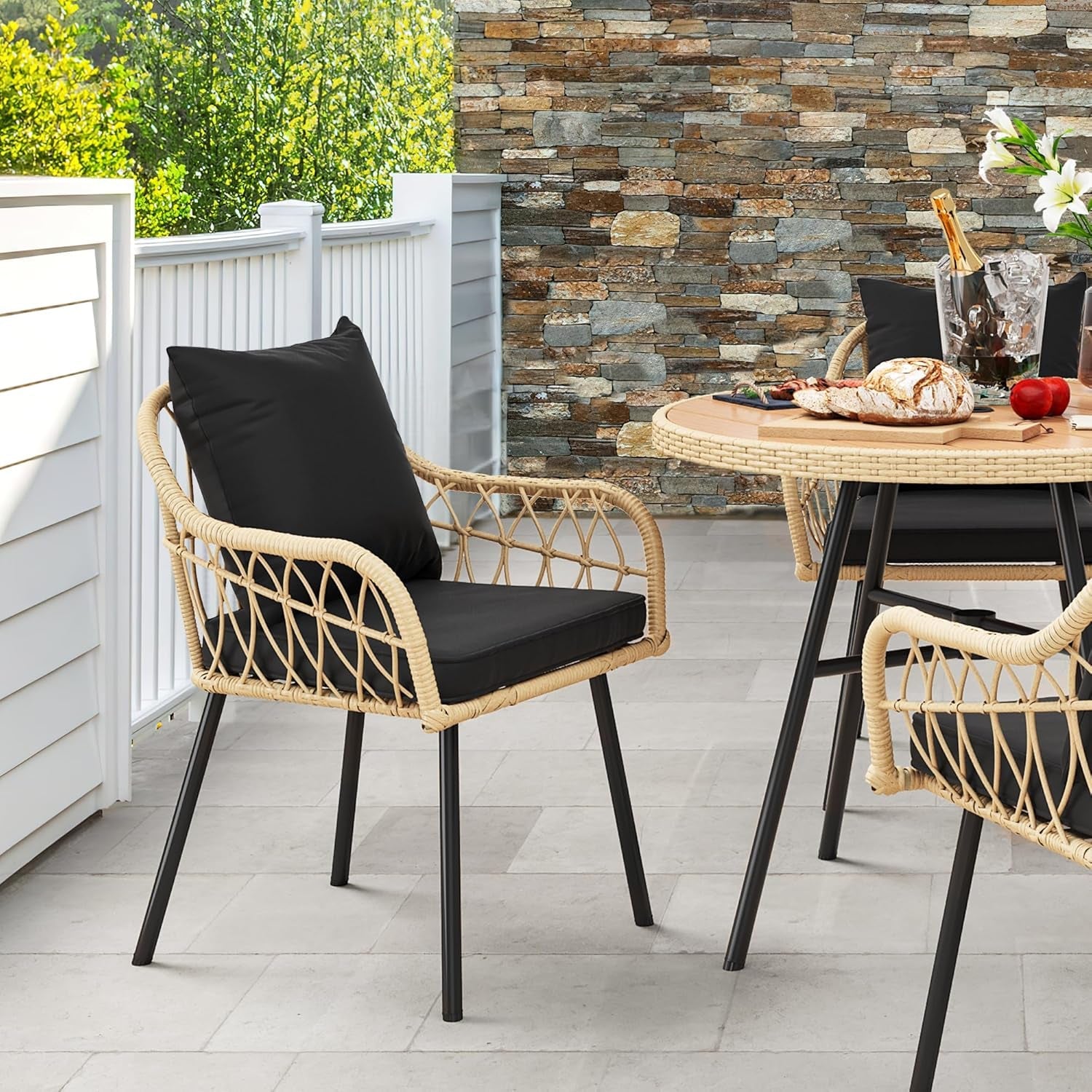 Patio Chairs Set of 4, Outdoor Patio Furniture Dining Chairs, All-Weather Rattan Conversation Chairs with Soft Cushions for Backyard Deck (Light Brown+Black)-4