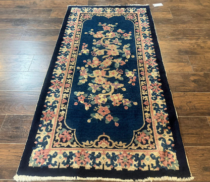 Blue and Beige Chinese Wool Rug 3x6, Chinese Fete Rug, Peking Rug, Antique Chinese Carpet