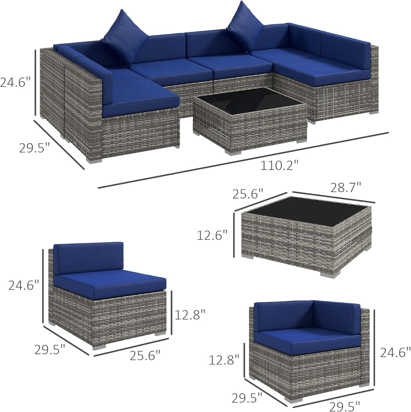 7-Piece Patio Furniture Set, Outdoor Wicker Conversation Set, All Weather PE Rattan Sectional Sofa Set with Cushions and Tempered Glass Top Coffee Table, Pillows, Blue-2