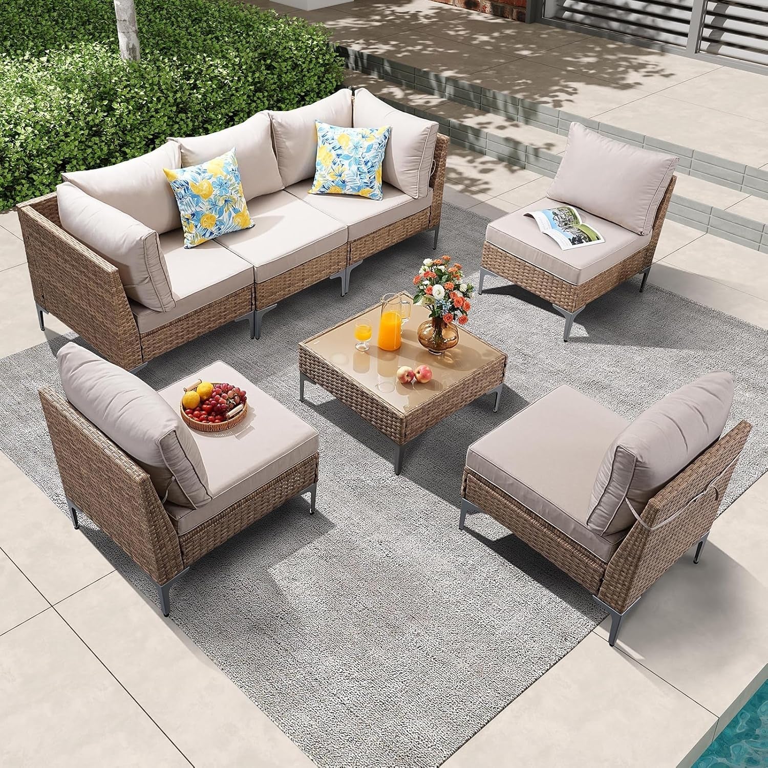 7 Piece Wicker Patio Furniture Set with Thick Cushions-0