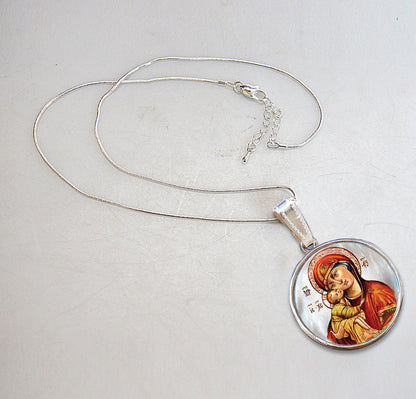 Holy Virgin Mary Vladimir Silver Plated Mother of Pearl Necklace Jewelry - 43011