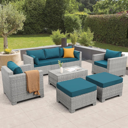 Patio Furniture Set 6 Piece Outdoor Patio Set Grey Wicker Balcony Furniture Conversation Sets PE Rattan Couch Sofa with Coffee Table, Peacock Blue Cushion-0