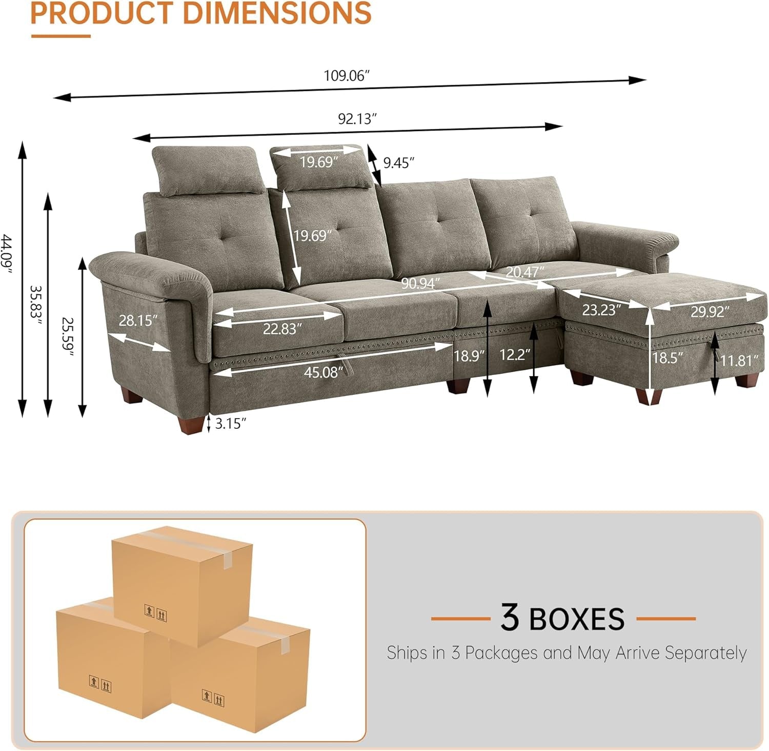 Convertible Sectional Sofa with Storage, 4 Seat L Shaped Couch with Chaise and Cup Holder, Modern Microfiber Fabric Sofas Couches for Living Room, Apartment, Office (Beige)-1