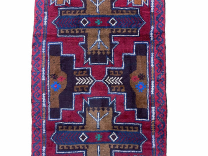 2' 10" X 4' 9" Vintage Handmade Tribal Wool Rug Balouchi Rug Afghan Rug Red Blue-3
