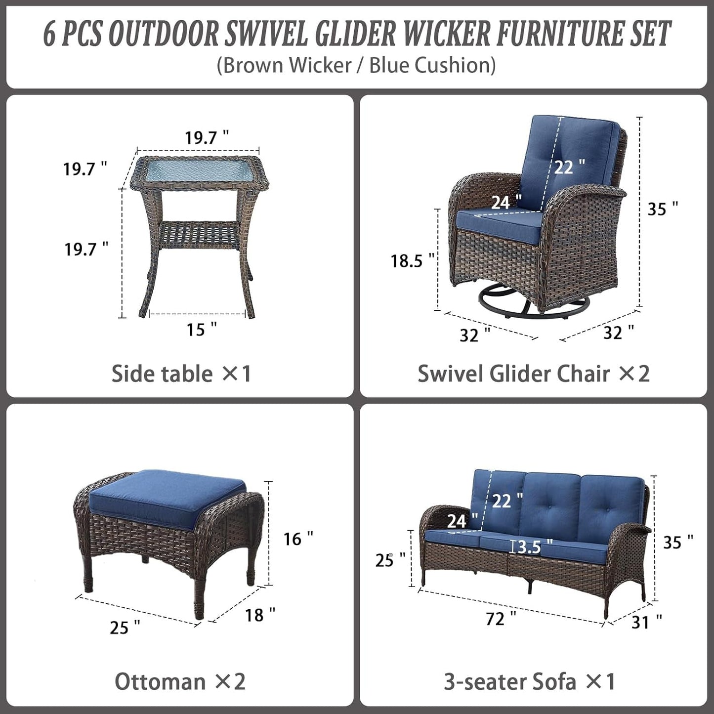 6 Piece Patio Conversation Sets - Wicker Patio Furniture Sets with Outdoor Swivel Rocker Chairs Outdoor Couch Perfect for Patio Deck Backyard, Brown Wicker Blue Cushion