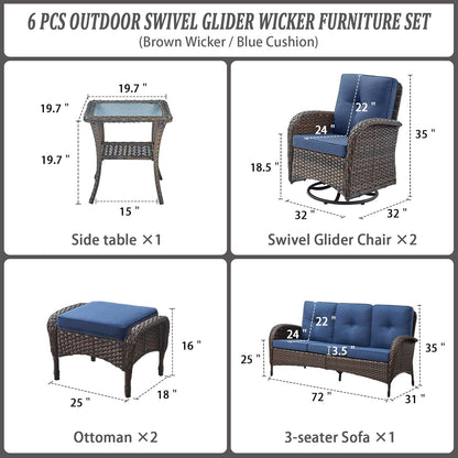 6 Piece Patio Conversation Sets - Wicker Patio Furniture Sets with Outdoor Swivel Rocker Chairs Outdoor Couch Perfect for Patio Deck Backyard, Brown Wicker Blue Cushion