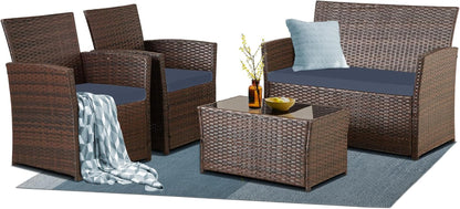 4 Piece Patio Furniture Set,Outdoor Wicker Conversation Sets,Rattan Sectional Sofa W/Coffee Table,Seat Cushions for Backyard Porch Garden Poolside (Gray/Blue)-0
