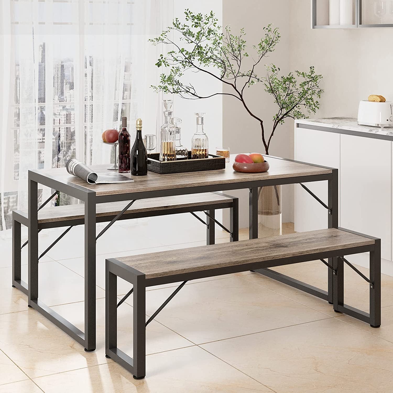 Dining Table Set for 4 with 2 Benches, Gray-1