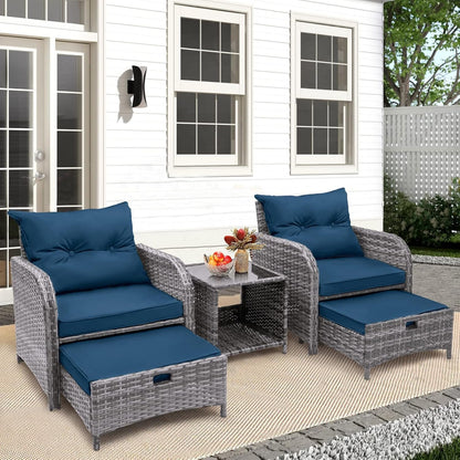5 Pieces Wicker Outdoor Patio Chairs Set with Ottoman, All Weather PE Rattan Patio Conversation Furniture Set Outdoor Furniture Set with Hidden Ottoman for Poolside Garden Balcony, Blue