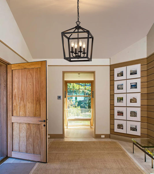 Farmhouse Rustic Black Lantern Chandelier Hanging Light Fixture 4-Lights for Kitchen Island Dining Room Hallway Entryway Foyer UL Listed