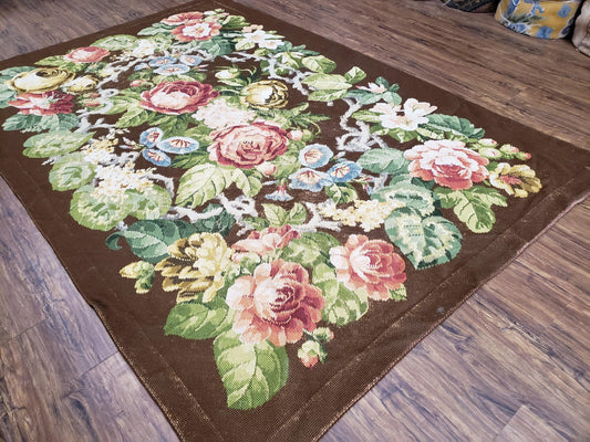 Floral Needlepoint Rug, Medium Rug, Vintage Area Rug, Handmade Flat Weave Rug, Dark Brown Rug, Multicolor Large Colorful Flowers, 5x8 - 6x8