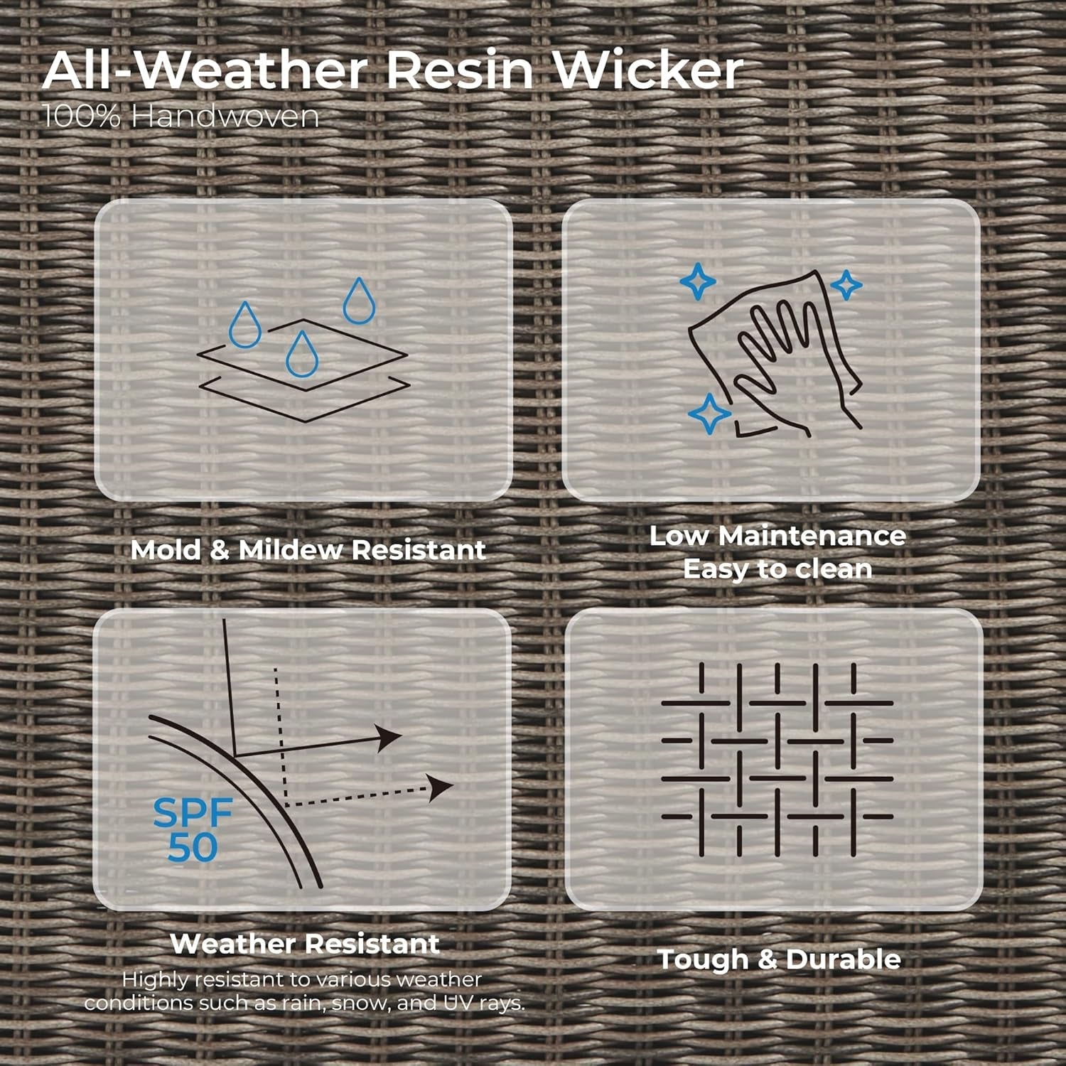 5 Pieces Patio Wicker Furniture Set, Outdoor Rattan Bistro Set with Removable Thickened Cushions, Fully Assembled(Gray Cushions with Brownish Gray Wicker)-4