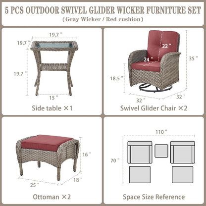 5 Pieces Wicker Patio Furniture Set - Swivel Rocker Outdoor Chairs with Ottomans and Side Table, Small Patio Conversation Set for Porch Deck Backyard Red-3