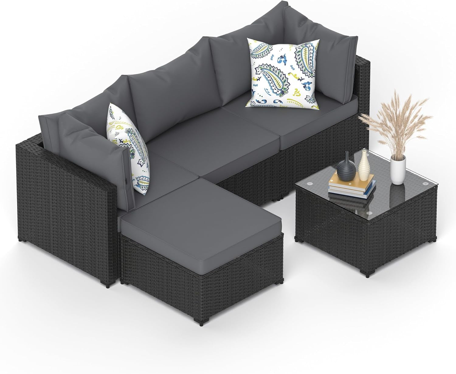 Patio Furniture Set, 5PCS Outdoor Conversation Sets Waterproof Rattan Sectional Sofa with 4” Thickened Cushion Modular Wicker Patio Furniture Set with Glass Top Table for Balcony, Backyard (Grey)-0