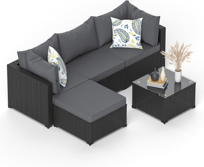 Patio Furniture Set, 5PCS Outdoor Conversation Sets Waterproof Rattan Sectional Sofa with 4” Thickened Cushion Modular Wicker Patio Furniture Set with Glass Top Table for Balcony, Backyard (Grey)-0