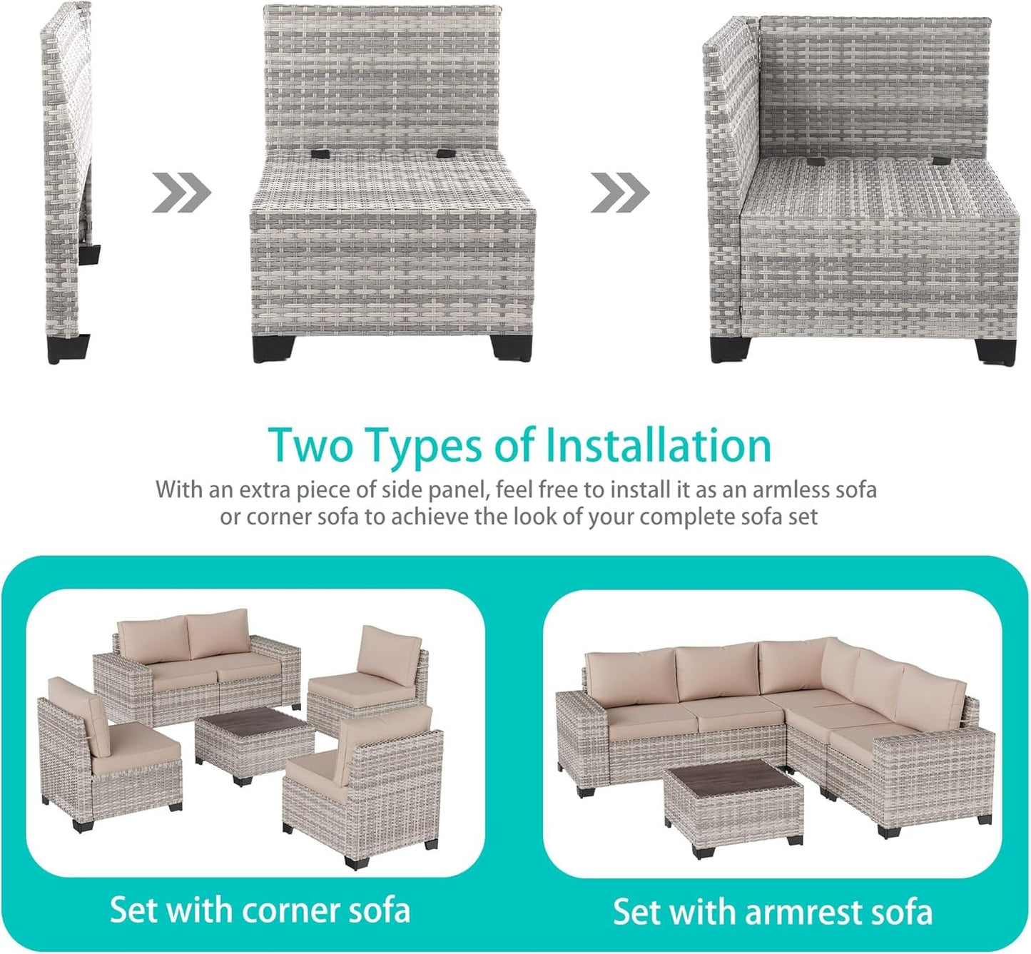 6-Piece Outdoor Patio Furniture Set Wicker Sectional Sofa Set, Patio Conversation Set with Thickened Cushions & Coffee Table for Garden, Backyard, Poolside, Beige