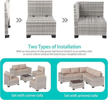 6-Piece Outdoor Patio Furniture Set Wicker Sectional Sofa Set, Patio Conversation Set with Thickened Cushions & Coffee Table for Garden, Backyard, Poolside, Beige