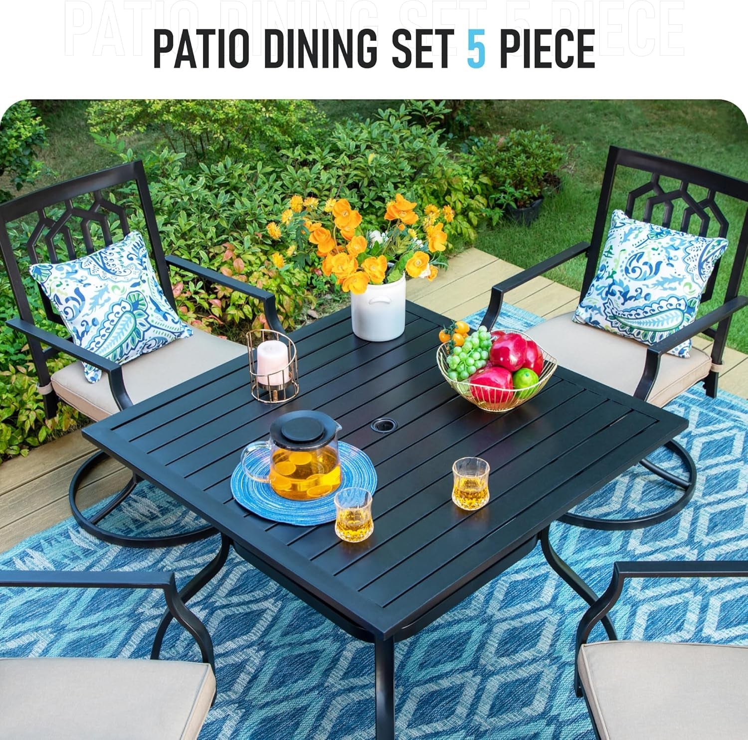 Patio Dining Set 5 Pieces Patio Table and Chairs, 37" Patio Dining Table X 4 Patio Swivel Dining Chairs with Cushion Outdoor Furniture Set for Backyard Lawn Pool Weather Resistant-1