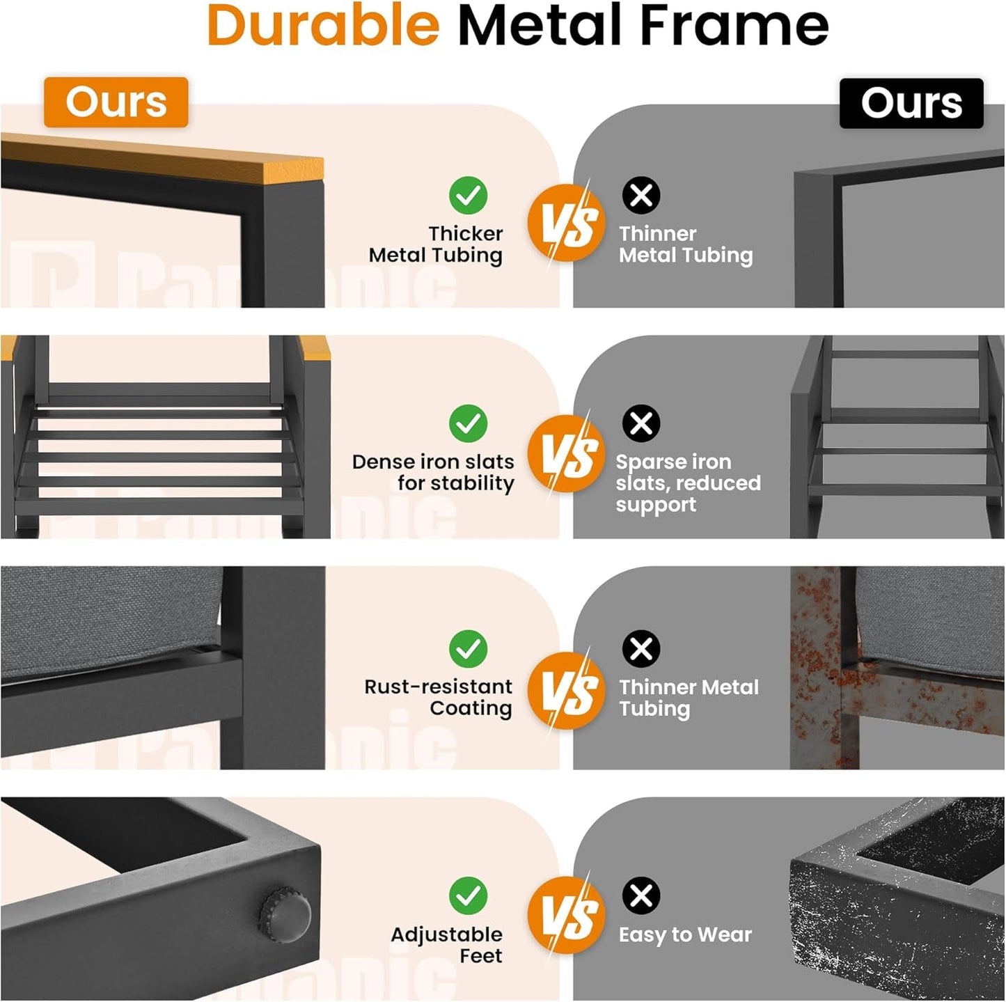 4 Pieces Outdoor Patio Furniture Set, Modern Metal Balcony Furniture with Plastic-Wood Coffee Table, All-Weather Outdoor Furniture Set with Thick Cushion for Balcony, Porch, Gray