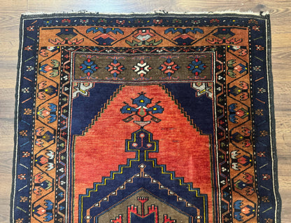 Persian Rug 3x6, Geometric Medallion, Village Tribal Rug, Terracotta and Navy Blue, Antique Nahavand Hamadan Rug-2