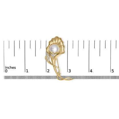 18K Yellow Gold 2/5 Cttw Diamond and 12MM Cultured South Sea Pearl Flower Pin Brooch (G-H Color, VS1-VS2 Clarity)-3