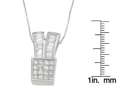 14K White Gold 1 1/3 cttw Princess and Baguette Cut Diamond Sparkling Shapes Pendant Necklace (H-I, SI1-SI2)-3