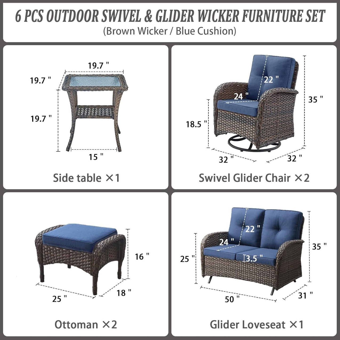 6 Piece Patio Conversation Sets - Wicker Patio Furniture Sets with Outdoor Swivel Rocker Chairs, Glider Loveseat Perfect for Patio Deck Backyard, Brown Wicker Blue Cushion-1