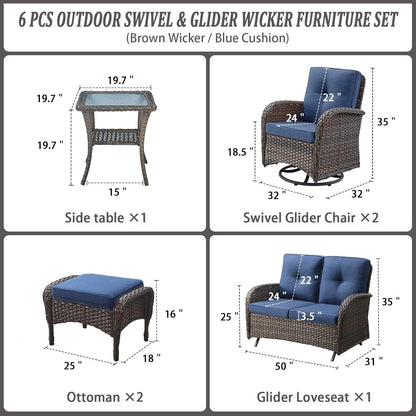 6 Piece Patio Conversation Sets - Wicker Patio Furniture Sets with Outdoor Swivel Rocker Chairs, Glider Loveseat Perfect for Patio Deck Backyard, Brown Wicker Blue Cushion-1
