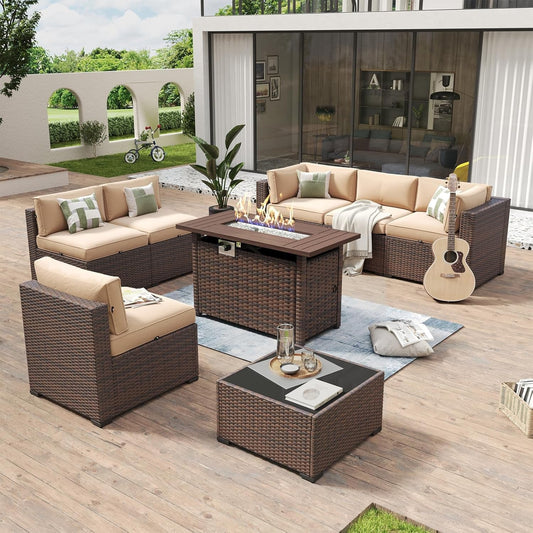Eight Piece Outdoor Patio Furniture Set with Fire Pit