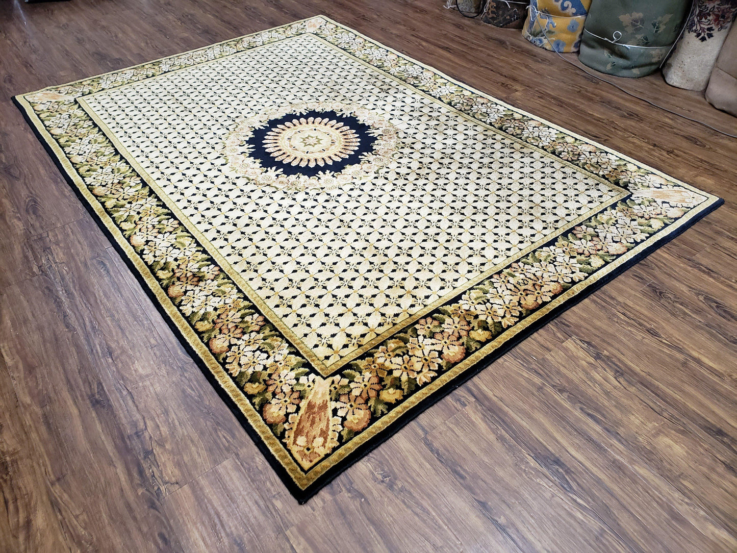 Indian Rug with Tibetan Weave, 6x8 - 6x9 Rugs, Indo-Tibetan Rug, Black and Cream Beige Tan, Floral Border, Soft Rug, Handmade Area Rug, Wool