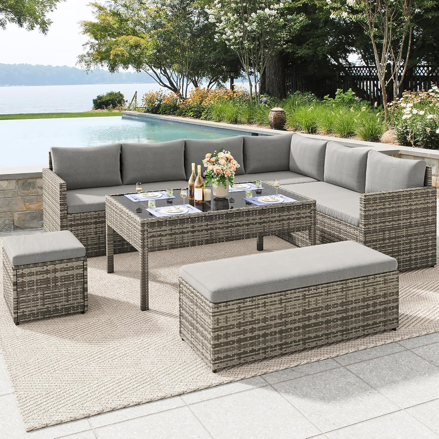 L-Shaped Outdoor Sectional Sofa Set with Adjustable Lift-Top Dining Table, All-Weather Wicker Patio Furniture, Ottoman & Tempered Glass Top, Gray Gradient-2