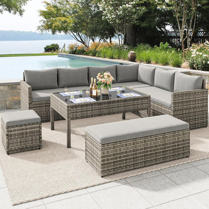 L-Shaped Outdoor Sectional Sofa Set with Adjustable Lift-Top Dining Table, All-Weather Wicker Patio Furniture, Ottoman & Tempered Glass Top, Gray Gradient-2