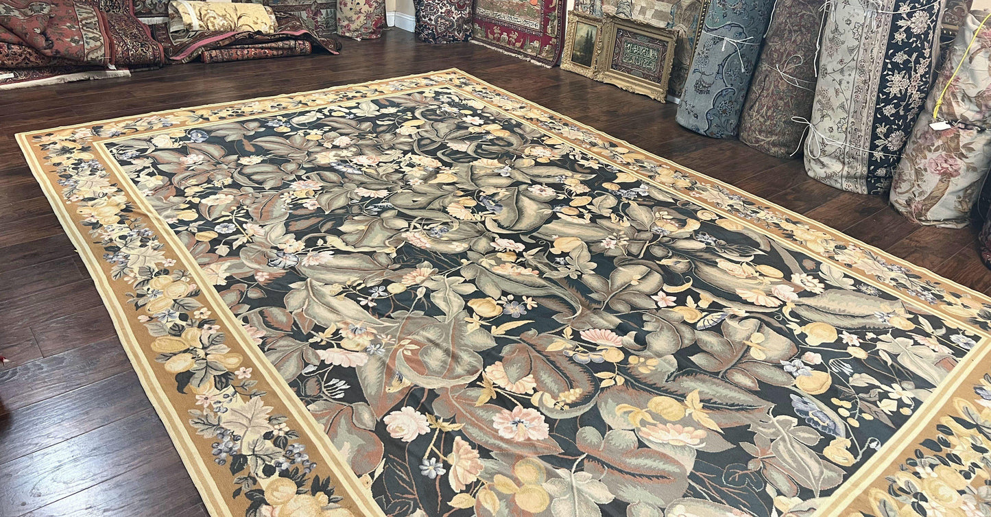 Large Needlepoint Rug 9x13, Handmade Wool Flatweave Vintage Rug, Leaves, Green-1