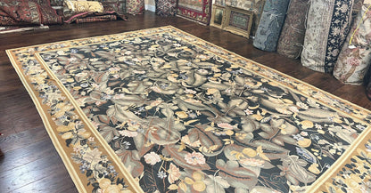 Large Needlepoint Rug 9x13, Handmade Wool Flatweave Vintage Rug, Leaves, Green-1