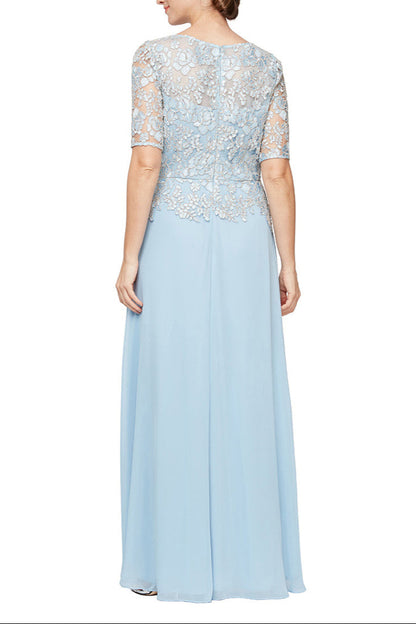 Alex Evening Embroidered Illusion Boat Neck Short Sleeve Zipper Back Chiffon Gown-1