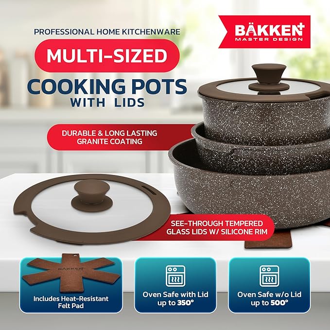 Kitchen Cookware Set - Nonstick Granite Coating, Pots and Pans with Handles and Tempered Glass Lids, PFOA, PFOS, PTFE Free, Ceramic Max Temperature (Up To 500° F), Set of 15 - Dark Gray