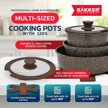 Kitchen Cookware Set - Nonstick Granite Coating, Pots and Pans with Handles and Tempered Glass Lids, PFOA, PFOS, PTFE Free, Ceramic Max Temperature (Up To 500° F), Set of 15 - Dark Gray