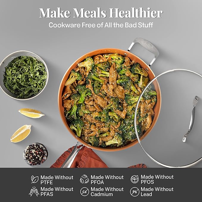 Gotham Steel 12 Pc Ceramic Pots and Pans Set Non Stick, Kitchen Cookware Sets, Pot and Pan Set, Ceramic Cookware Set, Non Toxic Cookware Set, Non Stick Pots and Pan Set, Oven Dishwasher Safe - Copper