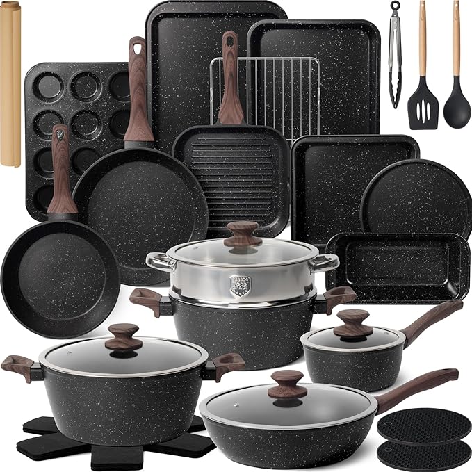 Kikcoin Pots and Pans Set Non Stick 31 Piece Kitchen Nonstick Cooking Cookware Sets with Grill Pan Saucepan Baking Sheet Utensil