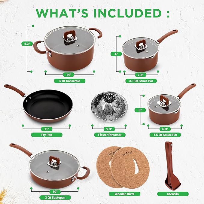 NutriChef 17pcs Brown Stackable Pots and Pans Set, Nonstick Induction Cookware, Space Saving Cookware, Easy Clean, Ideal For RV and Camper, Includes a Foldable Steamer Basket and Cooking Utensils