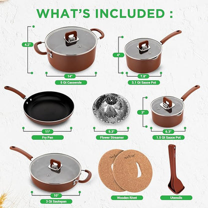 NutriChef 17pcs Brown Stackable Pots and Pans Set, Nonstick Induction Cookware, Space Saving Cookware, Easy Clean, Ideal For RV and Camper, Includes a Foldable Steamer Basket and Cooking Utensils