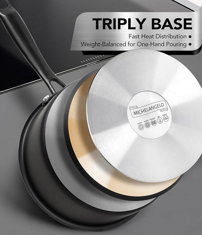 MICHELANGELO Stainless Steel Saucepan Set, Triply-Base Sauce Pan with Lids, Stainless Steel Sauce Pot for All Stoves, Induction Compatible, Oven Safe - 1QT & 2QT & 3QT