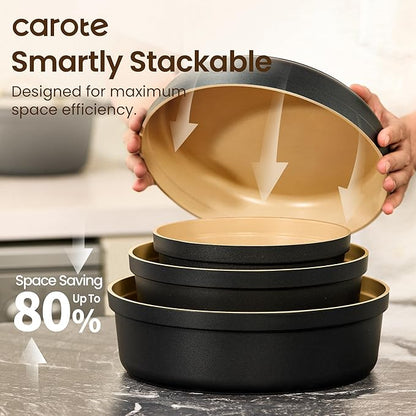 CAROTE 26pcs Pots and Pans Set Non Stick with Knives and Cutting Board,Detachable Handle Titanium Nonstick Cookware Set, Pot and Pan, Dishwasher/Oven Safe, RV/Camping, Induction Kitchen, Black/Yellow