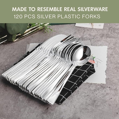Silver Disposable Forks, 120 Count, Plastic Silverware Set, Perfect for Parties, Holiday Gatherings, Picnics, and Stocking the Pantry