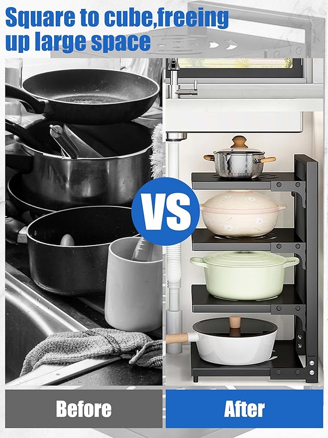 Caliee Pot Organizers Inside Cabinet, Heavy Duty Pot Pan Rack Organizer with 4-Tiers, Pan Storage Organizer for Under Cabinet Applicable to Kitchen Storage (Black)